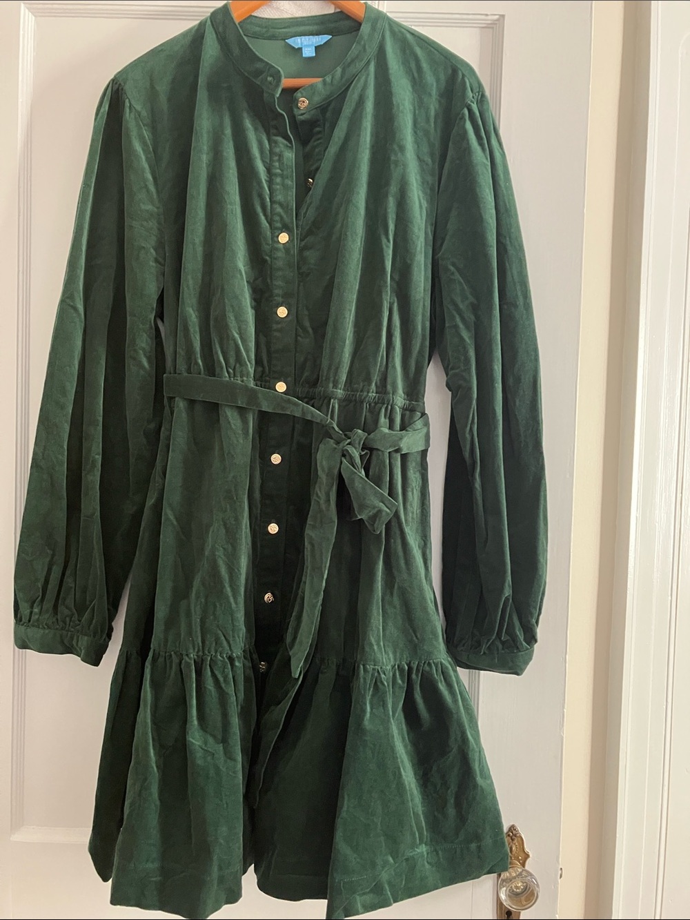 Draper James Forest Green Button-Front Midi Dress with Tie Waist